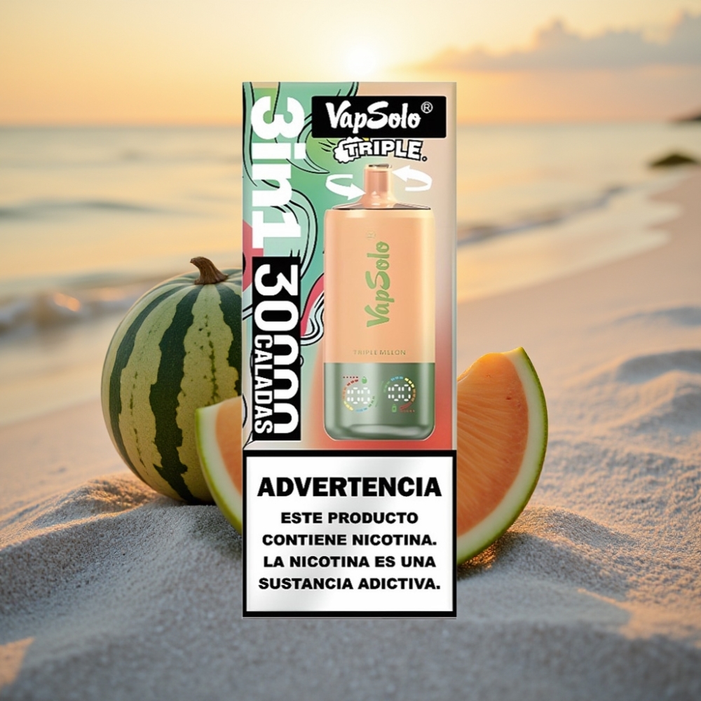 VapSolo Triple 30000 Puffs Vienreizējās lietošanas vape Trīs Meloni, 40ml, 20/50 mg/ml, Type-C