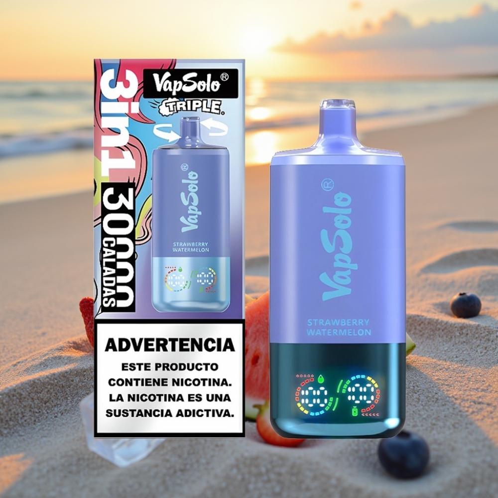 VapSolo Triple 30000 Puffs Vienreizējās lietošanas vape Zemeņu Arbūzs & Zilāgovu Ledus, 40ml, 20/50 mg/ml, Type-C