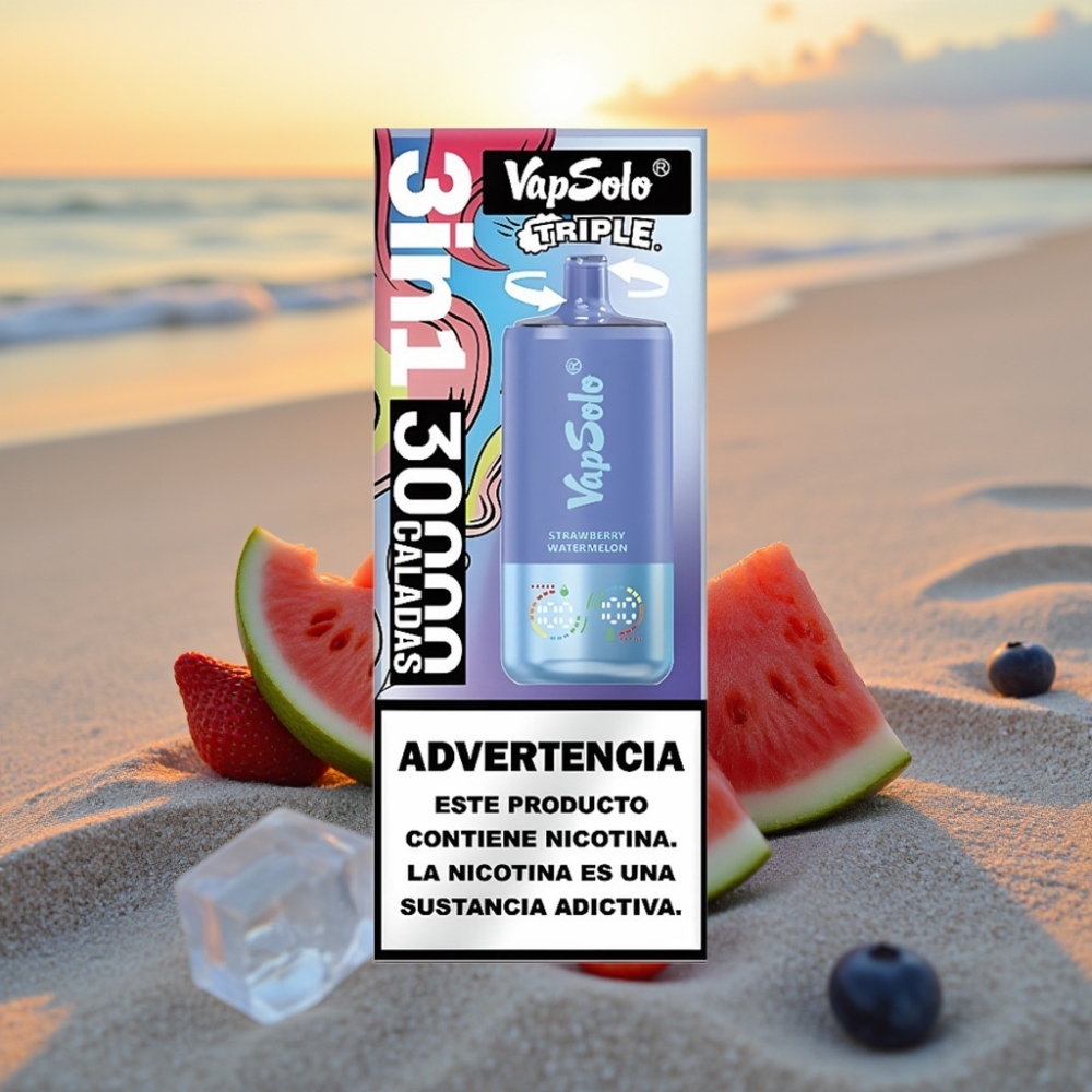 VapSolo Triple 30000 Puffs Vienreizējās lietošanas vape Zemeņu Arbūzs & Zilāgovu Ledus, 40ml, 20/50 mg/ml, Type-C