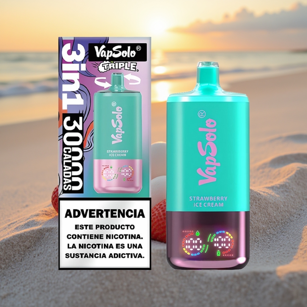 VapSolo Triple 30000 Puffs Vienreizējās lietošanas vape Zemeņu Saldējums, 40ml, 20/50mg/ml, Type-C