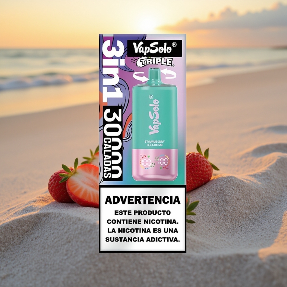 VapSolo Triple 30000 Puffs Vienreizējās lietošanas vape Zemeņu Saldējums, 40ml, 20/50mg/ml, Type-C