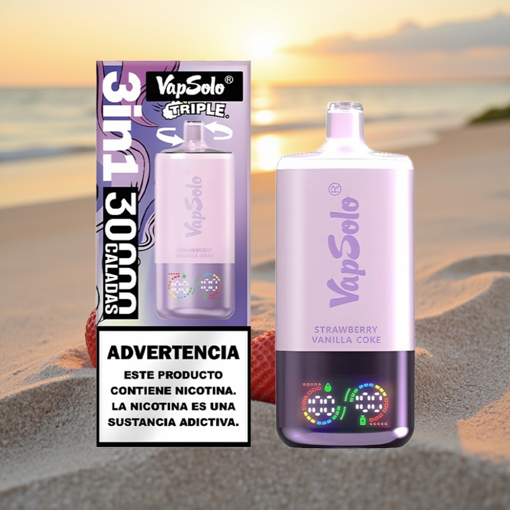 VapSolo Triple 30000 Puffs Vienreizējās lietošanas vape Zemeņu Vanilijas Kolas (47x47x115mm, 40ml, 20/50 mg/ml, 3 tvertnes, Type-C)