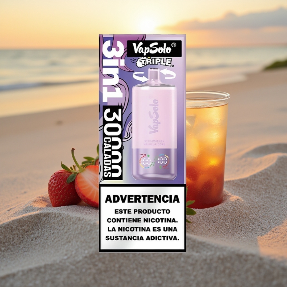 VapSolo Triple 30000 Puffs Vienreizējās lietošanas vape Zemeņu Vanilijas Kolas (47x47x115mm, 40ml, 20/50 mg/ml, 3 tvertnes, Type-C)