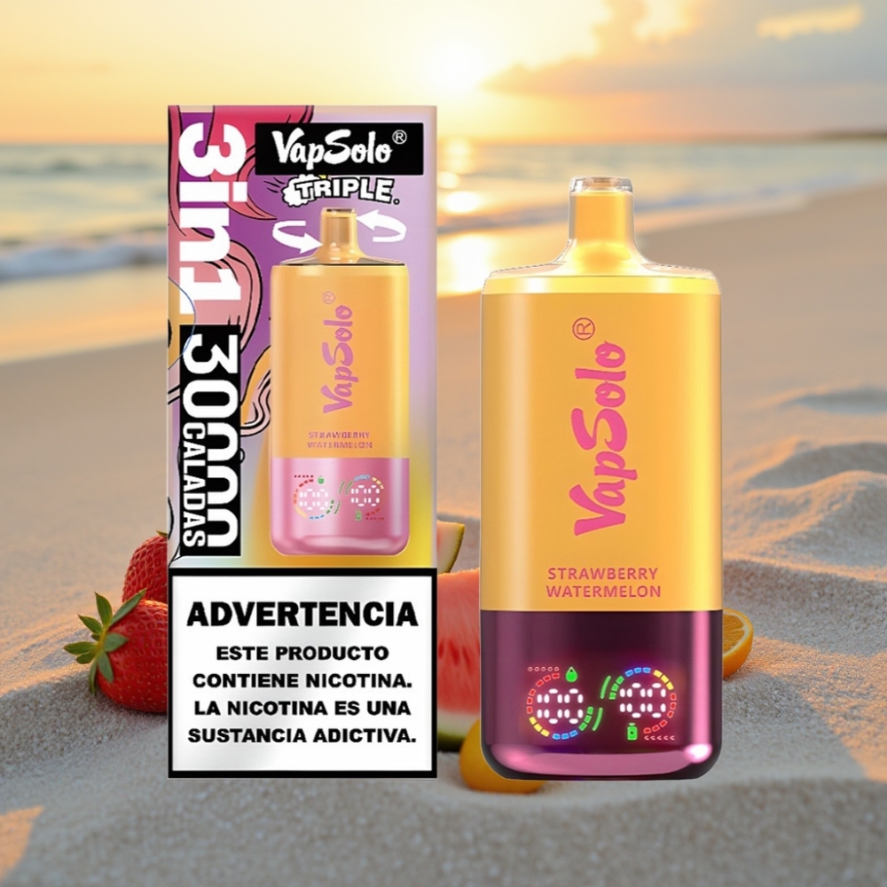 VapSolo Triple 30000 Puffs Vienreizējās lietošanas vape Zemenes Arbūzs & Citrona Persiks, 40ml, 3 tvertnes, Type-C