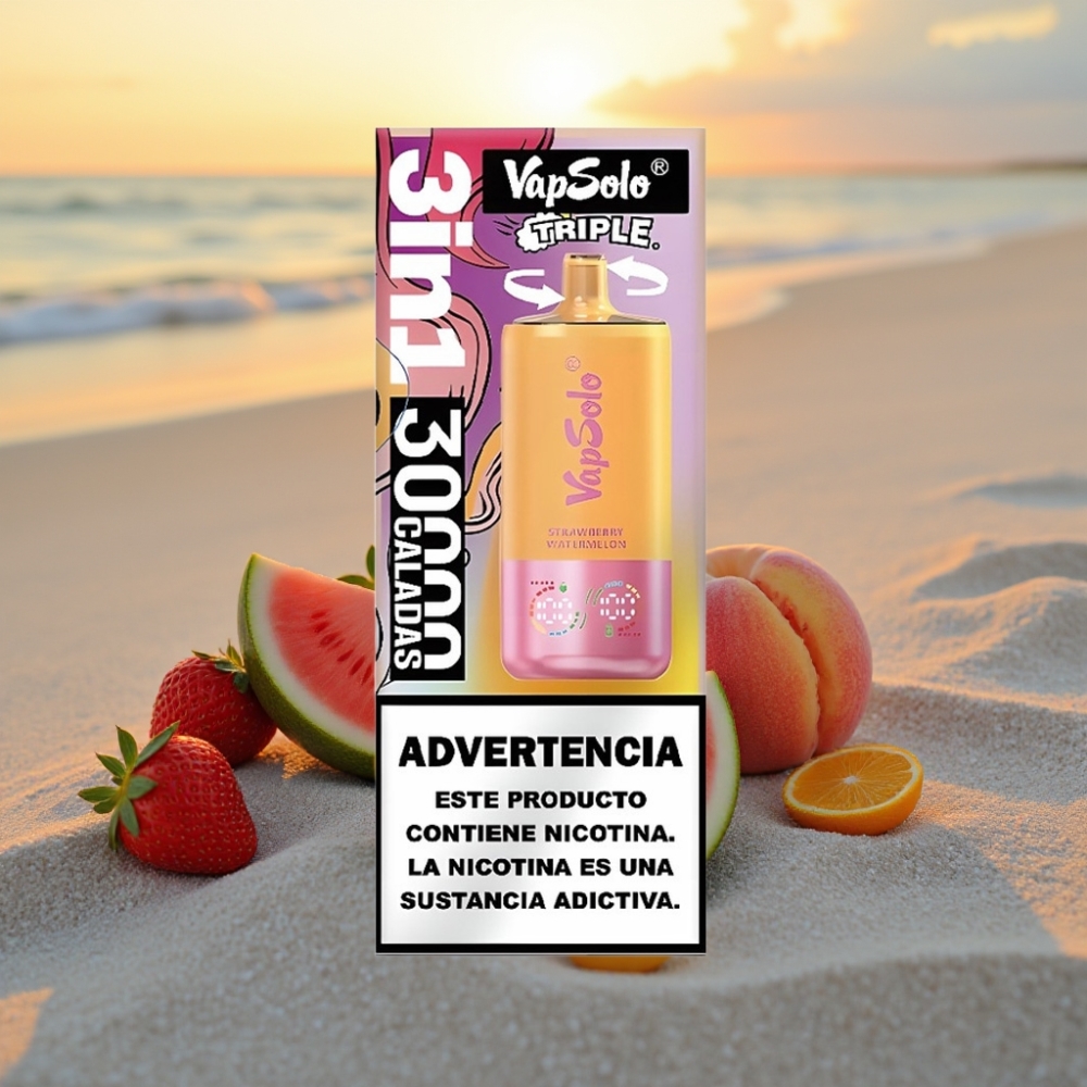 VapSolo Triple 30000 Puffs Vienreizējās lietošanas vape Zemenes Arbūzs & Citrona Persiks, 40ml, 3 tvertnes, Type-C